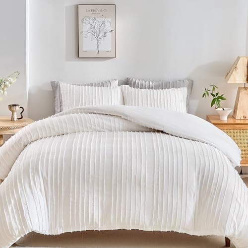 WARMDERN White Boho Duvet Cover Set Full Size Striped Textured Duvet Cover Tufted Bedding Set 3 Pcs Ultra Soft Washed Microfiber Duvet Cover with Zipper Closure Full White