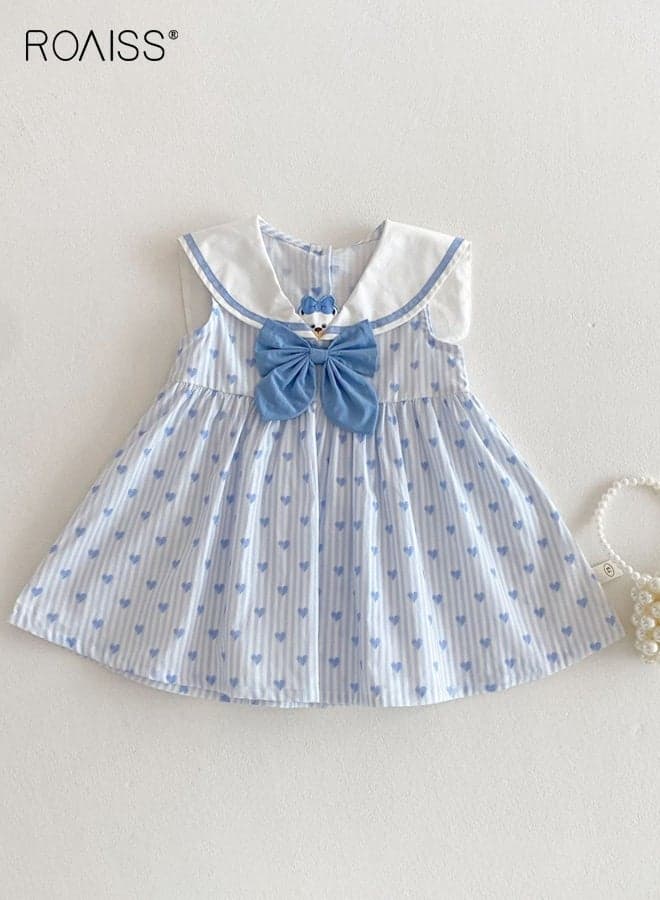 Girls A Line Dress, Sailor Collar Sleeveless Dress with Bowknot, Stylish Chic Striped Frock for Girls, Suitable for Daily Wear, Birthday Parties, Wedding or Any Occasion