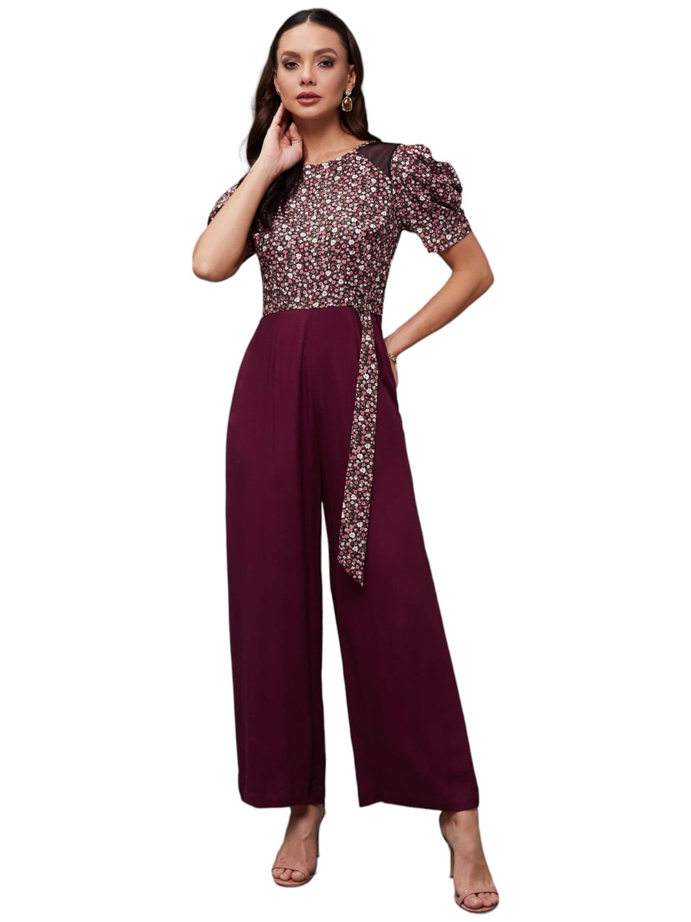 Miss Chase Women's Round Neck Cowl Sleeve Floral Wide Leg Jumpsuit with Pockets (MCSS23D15-71-252-04, Multicolored-Base-Wine, M)