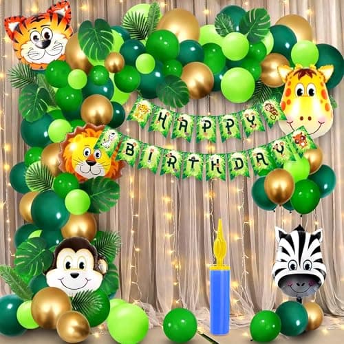 Party Propz Jungle Theme Birthday Decoration Kit - 56Pcs Birthday decoration Items for Boy | Jungle Safari theme Birthdays decorations | 2ft Huge Animal Balloons for Bday (Cardstock,Foil)
