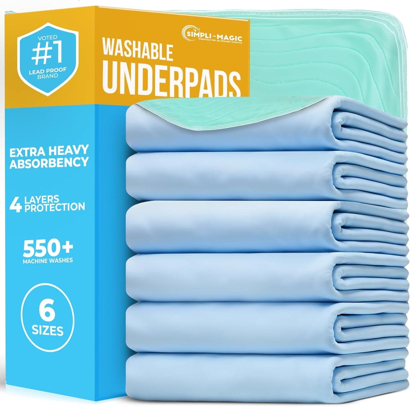 Simpli-Magic Washable Underpads, 34"x36" (Pack of 6) - Heavy Absorbency Reusable Bedwetting Incontinence Pads for Kids,Adults,Elderly,and Pets - Waterproof Protective Pad for Bed,Couch,Sofa,Floor