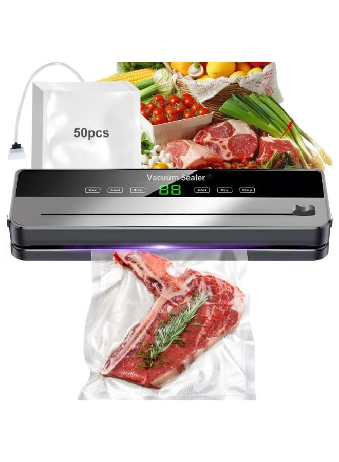 6 IN 1 Food Saver Vacuum Sealer Machine with 50 Bags & Built-in Cutter, Multi-Functional Strong Suction Automatic Sealing & Dry & Moist Modes Ideal for Home Kitchen Use Food Storage and Sous Vide