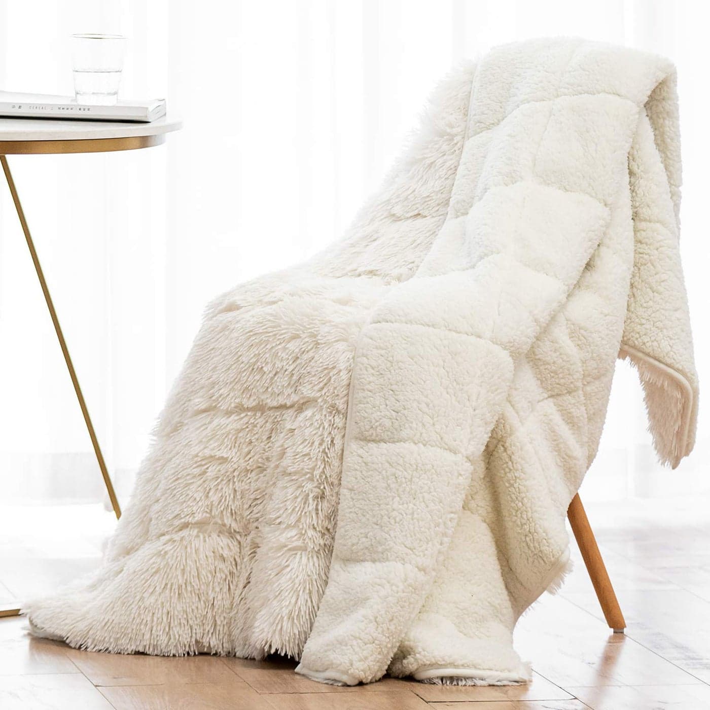 Wemore Shaggy Long Fur Faux Fur Weighted Blanket Cozy and Fluffy Plush Sherpa Long Hair Blanket for Adult 10lbs Fluffy Fuzzy Sherpa Reverse Heavy Blanket for Bed Couch Cream White 48 x 72 Inches
