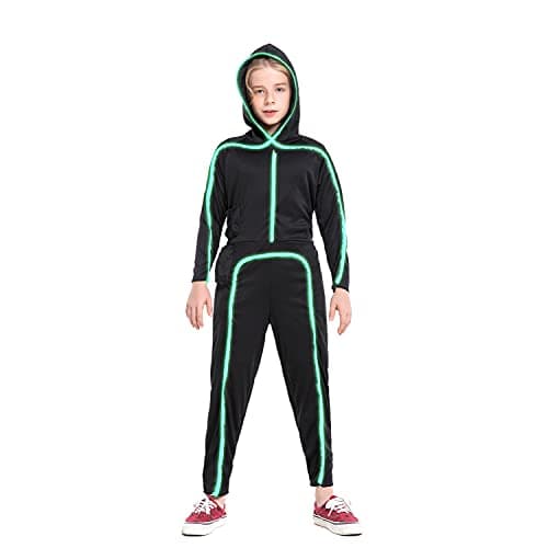 Light Up Stick Figure Costume Kids, Led Stick Man Costumes Child Boys Girls, Halloween Glow in Dark Stickman Cosplay Youth(Fluorescent Green, 1012)