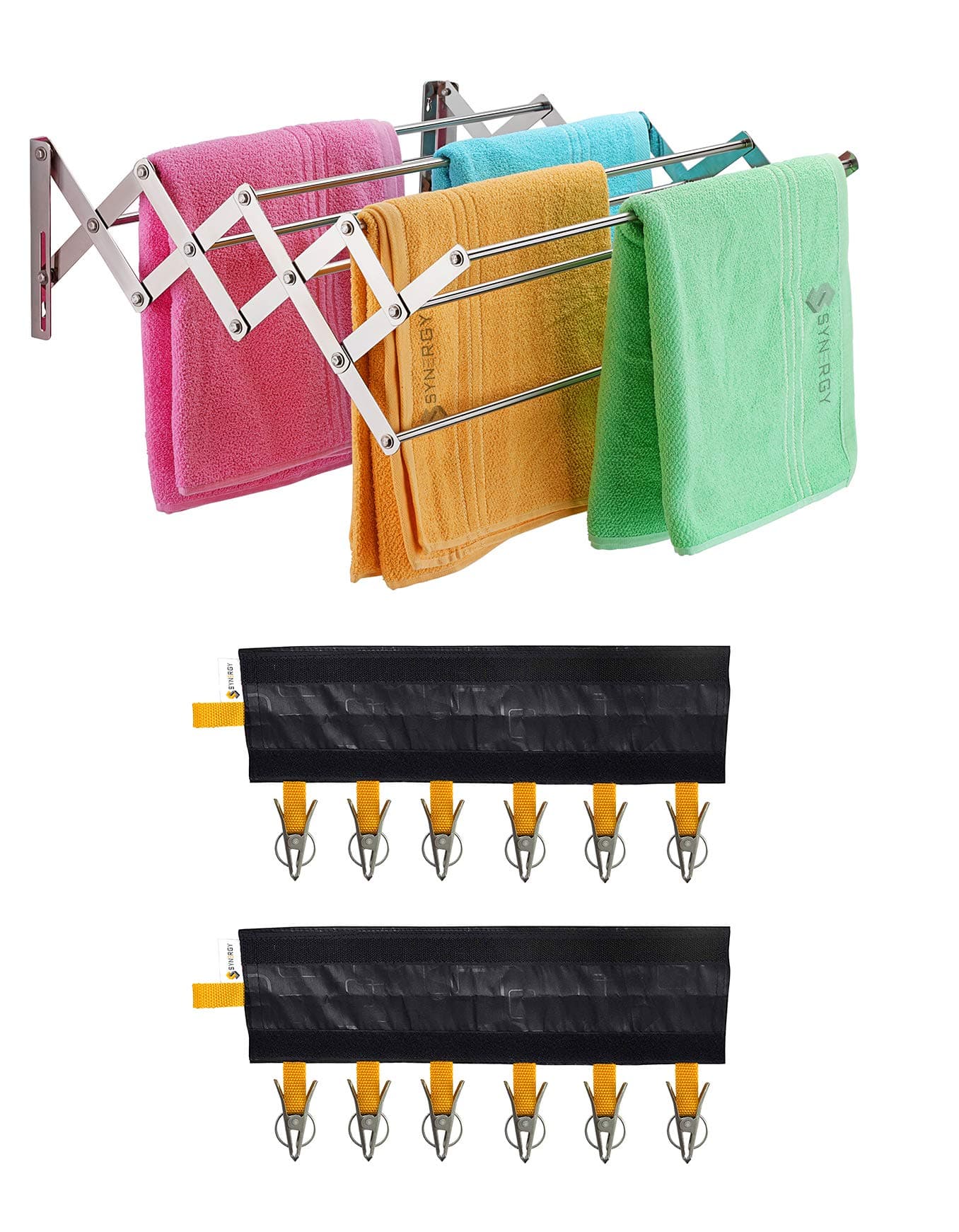 Synergy 9 Rod - Premium Heavy Duty tainless Steel Foldable Wall Mount/Mounted/Mounting Clothes Drying Stand/Cloth Dryer Racks for Balcony/Indoor/Outdoor with EZEE Cloth Clipper Combo