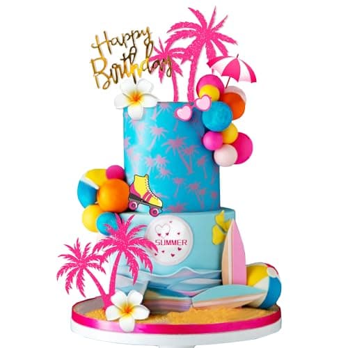 Summer Hawaiian Cake Topper with Beach Ball Sun Umbrella Goggles Beach Cake Decorations for Summer Holiday Theme Birthday Supplies Surfboard