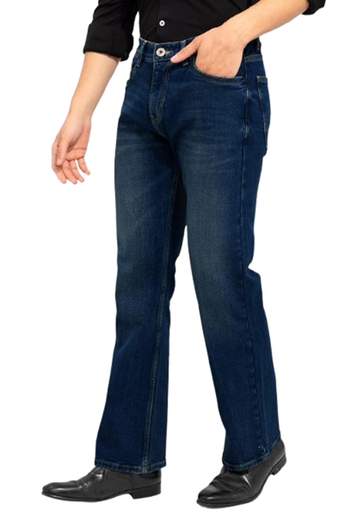 Waltz Men's High Waist Stretchable Boot Cut Wide Leg Flared Casual Dark Blue Denim Cotton Bell Bottom Jeans Pants for Men, 34