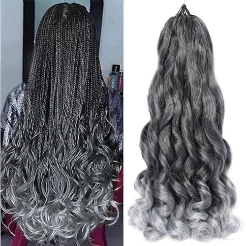 Ombre Grey French Curls Braiding Hair 22 Inch Bouncy French Curly Braiding Hair Loose Wavy Crochet Braids Hair for Women 7 Packs 1BGrey