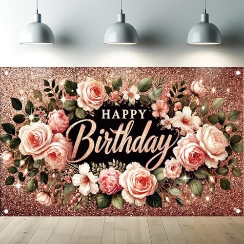 Starlit Patio Happy Birthday Backdrop Banner Rose Gold Glitter Floral Photography Background for Women Girls Lady Wedding Baby Shower Birthday Supplies Photo Props Party Decorations Cake Table 6x4ft