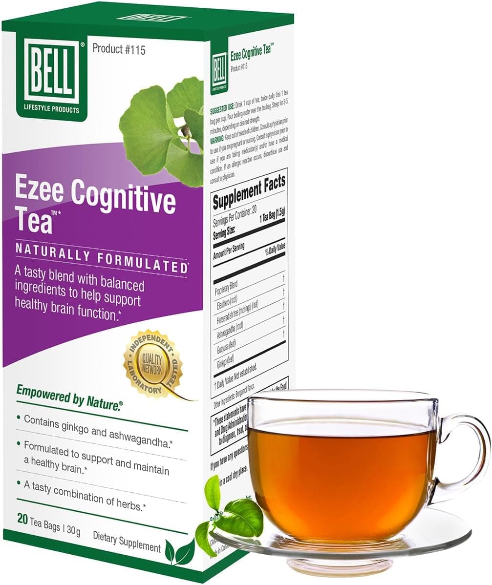 Bell Ezee Cognitive Tea Lifestyle Products Herbal Tea to Help Support Mental Clarity with Ginkgo Ashwagandha Moringa Natural Vegan 20 Tea Bags