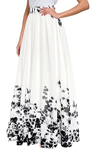 Afibi Women Floral Print Pleated Vintage Chiffon Long Maxi Skirt (Small, Black White)