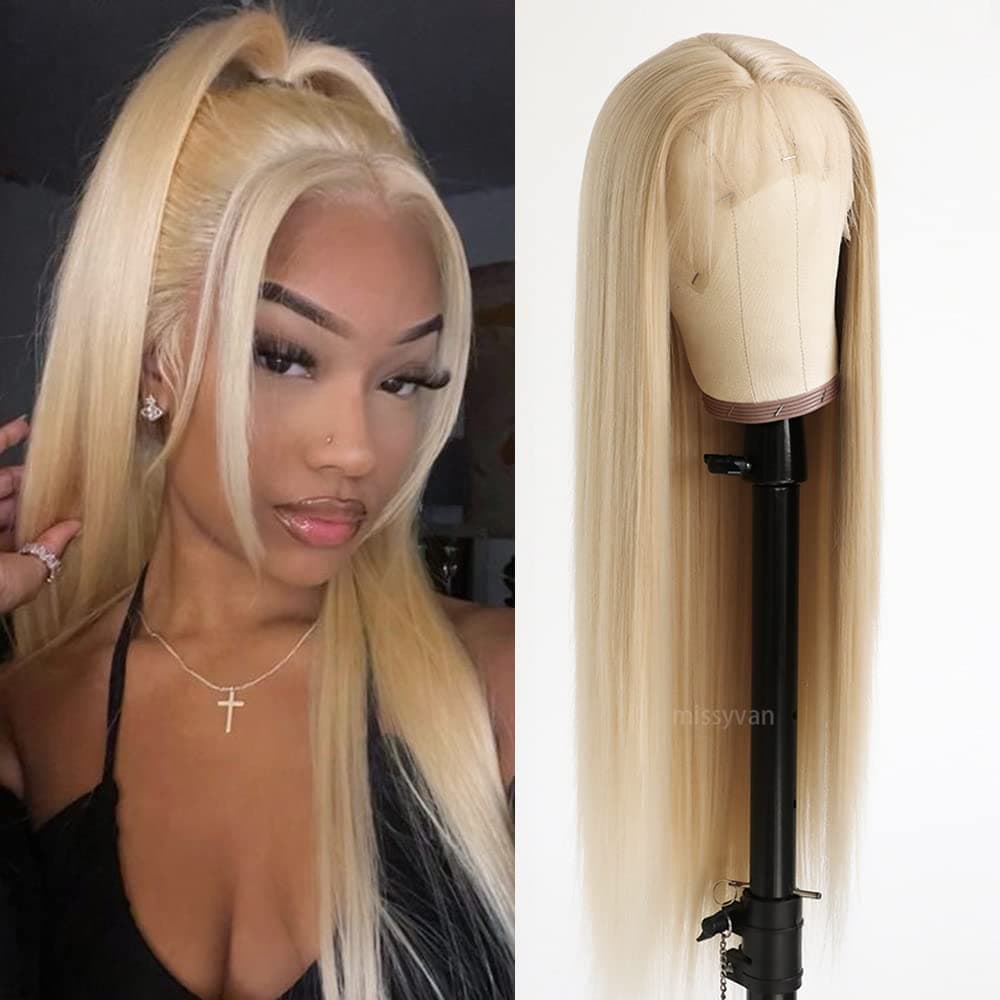 Missyvan Natural Blonde Lace Front Wig Long Straight Soft Hair Synthetic Lace Front Wigs for Women Heat Resistant Fiber Hair