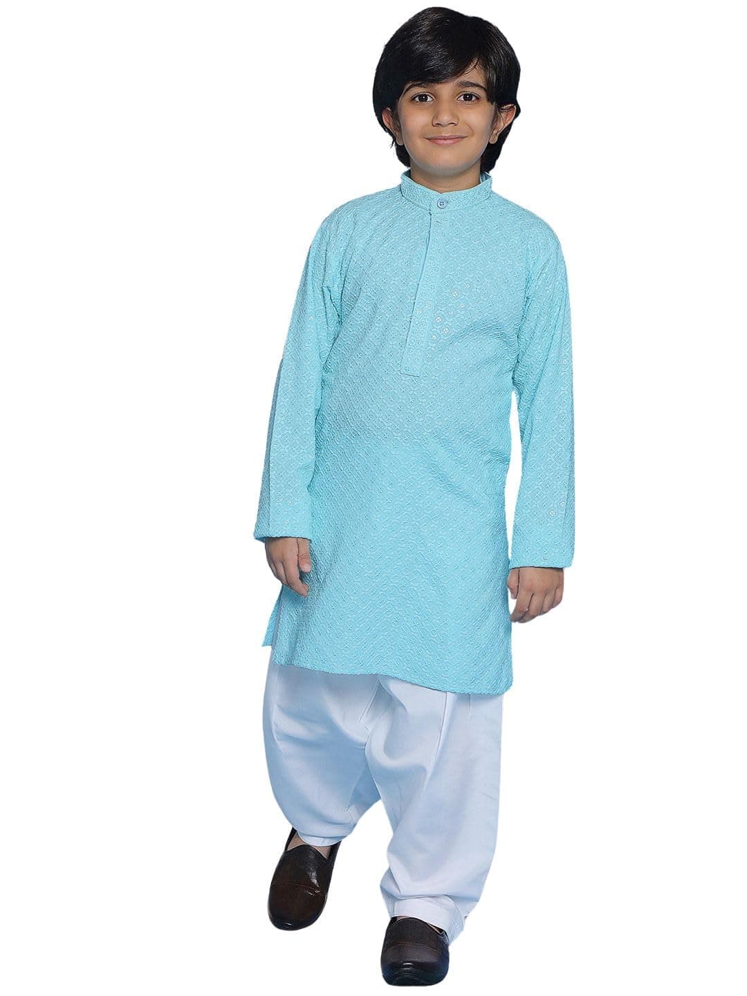 AJ DEZINES Boys Ethnic Kurta Pajama Set | Cotton Full Sleeve Chikankari Kurta with Sequins | Traditional & Ethnic Outfit | Mandarin Collar, Regular Fit | Special Occasion Outfit for Kids | SKYBLUE-8