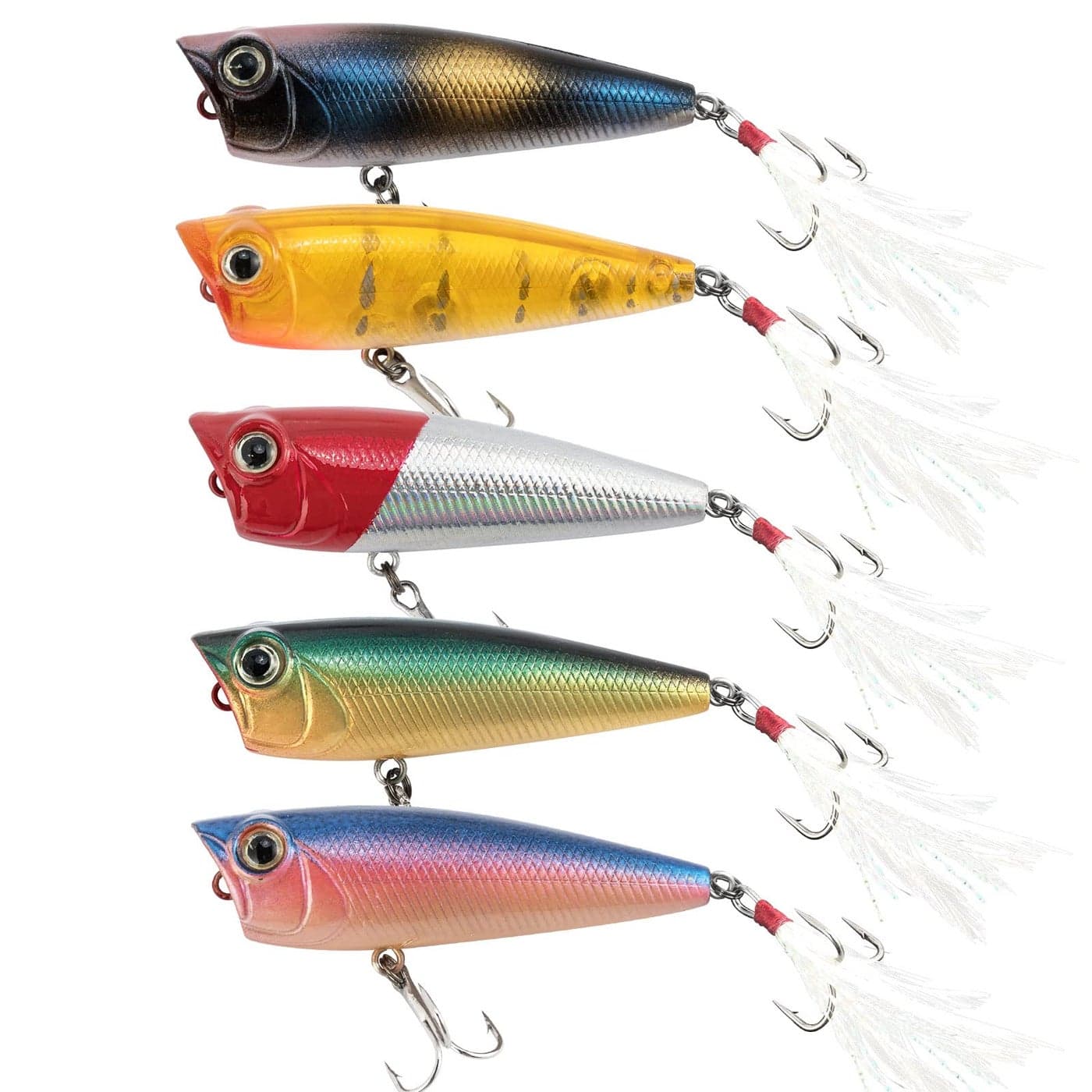 Alwonder 5-Pack Fishing Popper Lure, Fishing Topwater Lures Bass Lures Feathered Treble Hooks Rooster Tail Lure Plugs Hard Baits