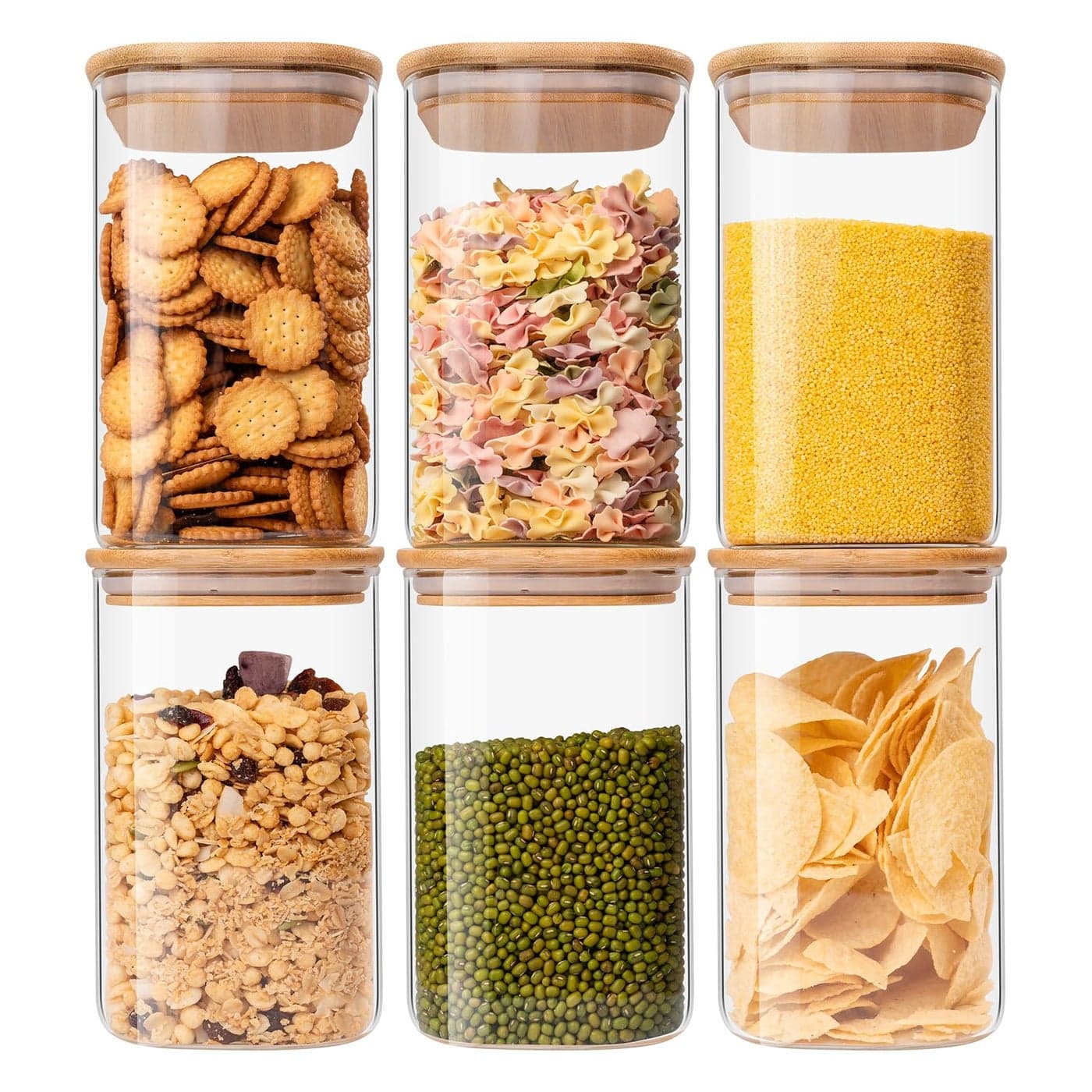 Glass Food Storage Jars 37 oz Set of 6Glass Storage Containers Clear Glass Food Canister with Bamboo Lid Airtight For Serving Tea Coffee Flour Sugar Candy Cookie Spice and More Square