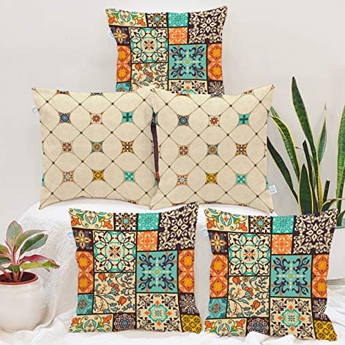 STITCHNEST Set of 5 Polycotton Cushion Covers – 16x16 Inches – Moroccan Tile Patchwork Print – Ethnic Decorative Cushion Covers for Sofa & Living Room | Perfect for Home Decor