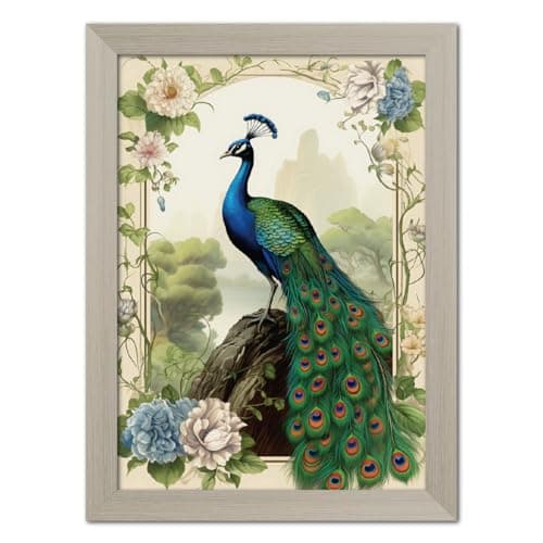 TenorArts Peacock Photo Frame Vastu Positivity Lucky Wall Painting Aesthetic Art Frames with White Wooden Texture for Living rooms Office Bedroom - Wall Paintings/Hangings (12inches x 9inches)