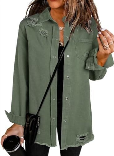 Dokotoo Women's Oversized Denim Jacket Casual Long Sleeve Denim Shirts Distresse Jean Jacket Fall Outfits 2025