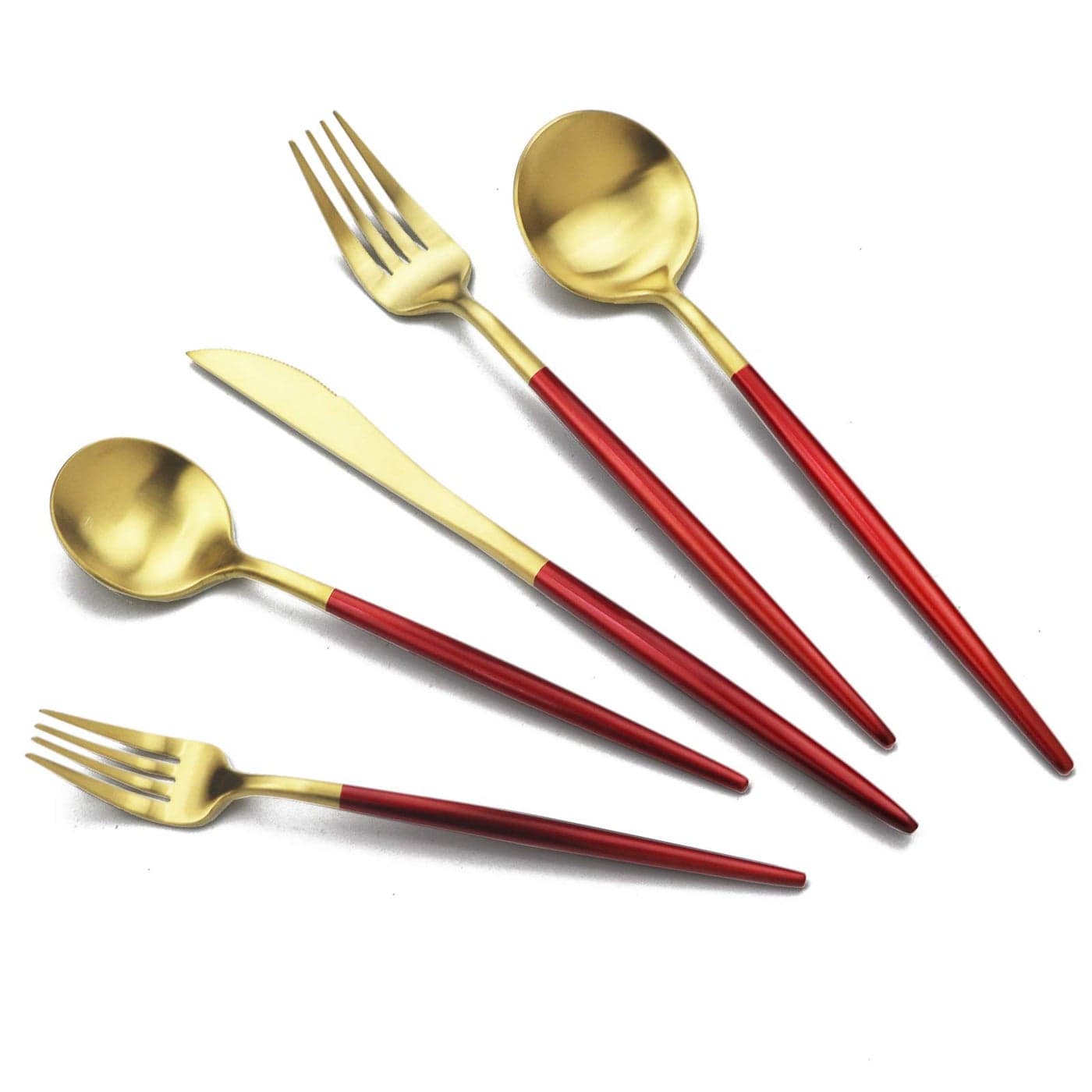 JASHII Luxury 1810 Red Handle Flatware Gold Silverware Set 304 Stainless Steel Flatware Cutlery Set 20Piece Adaline Royal Modern Satin Finish BEST Birthday Wedding Gift Red Handle Matte Gold