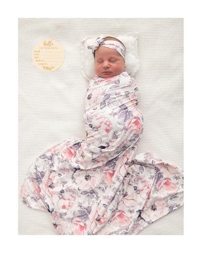 Vollmic Newborn Baby Girl Receiving Blanket Swaddle Blanket Stretchy Knit Swaddle Set with Matching Headband and Beanie (Ink Pink)