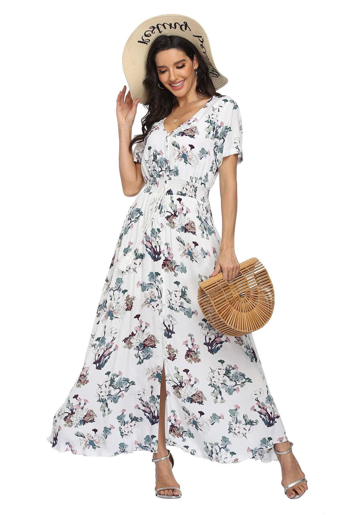 VintageClothing Women's Floral Maxi Dresses Boho Button Up Split Summer Casual Long Dress Beach Party Dress