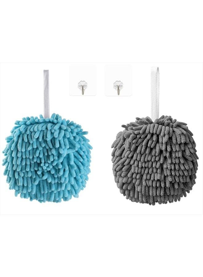 2 Pack Chenille Hand Towels,Bathroom Hand Towels with Hanging Loop,Super Absorbent Hanging Kitchen Hand Towels,Quick Dry Microfiber Hand Towels Hand Bath Towel(Grey+Blue)