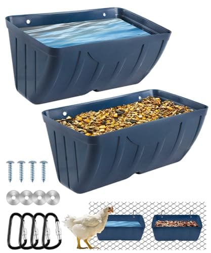 HamyHo Chicken Feeders 2 Pack Duck Feeders and Waterers Hanging Poultry Water Feeder Livestock Fence Feeder Feed Trough and Waterer Bucket with Clips Blue