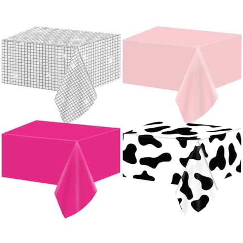 CHUNNIN 4PCS Disco Cowgirl Party Decorations Pink Cowgirl Tablecloth Cow Print Western Party Supplies Pink Disco Ball Plastic Table Cover Disposable for Girls Birthday Bachelorette 80s 90s Favors