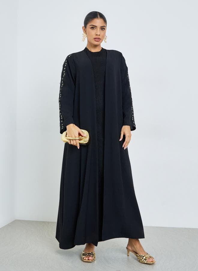 Black Front Open Abaya with Lace Detail