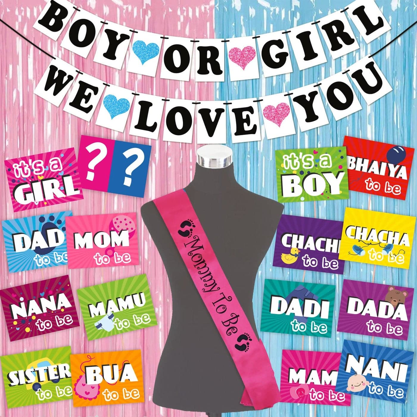 WOBBOX Baby Shower Combo of Party Props 16 Pcs with Blue & Pink Heart Boy Or Girl We Love You Banner, Mommy to be Rose Red Sash, with Blue & Pink Foil Fringe, Baby Shower Decoration Item (Pack of 4)