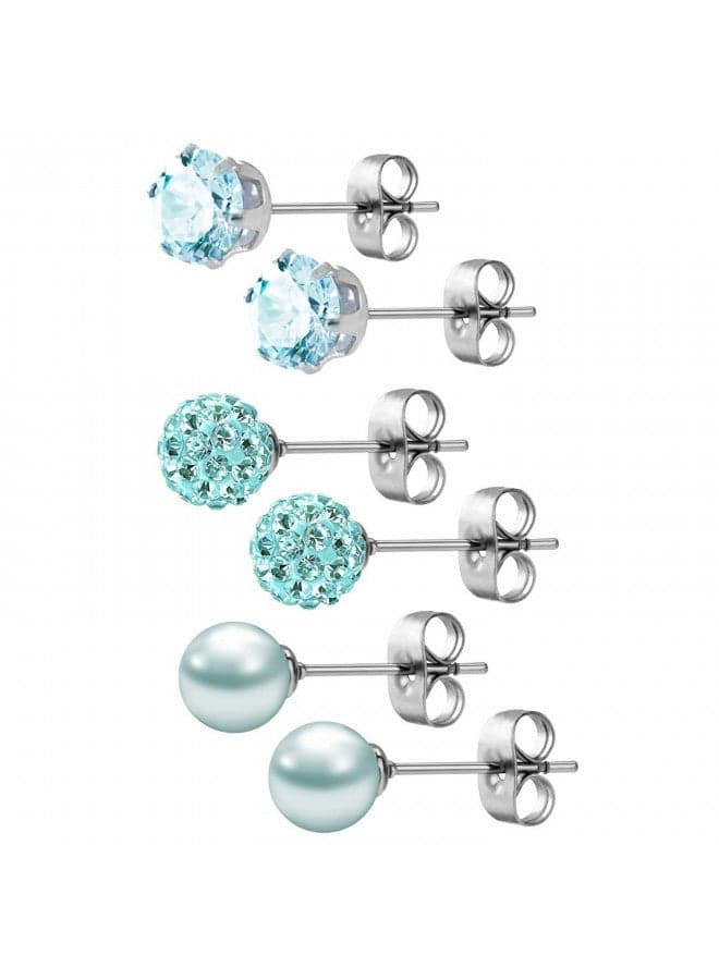 JewelrieShop Lake Blue Studs Earrings for Women CZ Rhinestones Crystal Ball Fake Pearl Stainless Steel Party Stud December Birthstone Earring Set for Women (3 pairs,6mm Round,Dec)