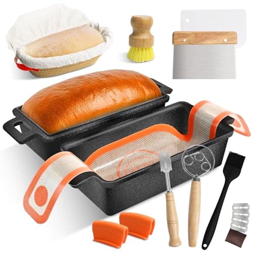 MSJGA 9×5 Inch Cast Iron Loaf Pans with Lid for Bread Baking, 2 In 1 Bread Pan with Sourdough Bread Baking Supplies