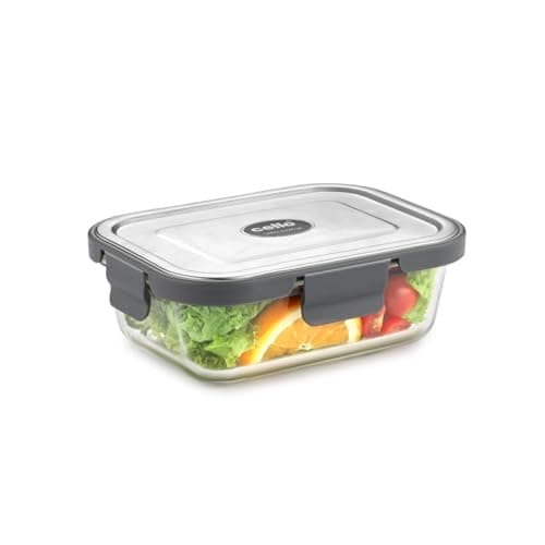 CELLO Steel-O Fresh Rectangle Toughened Glass Container 640ml, Grey | Multipurpose Storage | Microwave, Oven, Freezer & Dishwasher Safe | Leakproof Lid | Glass Container For Kitchen, Fridge & Office