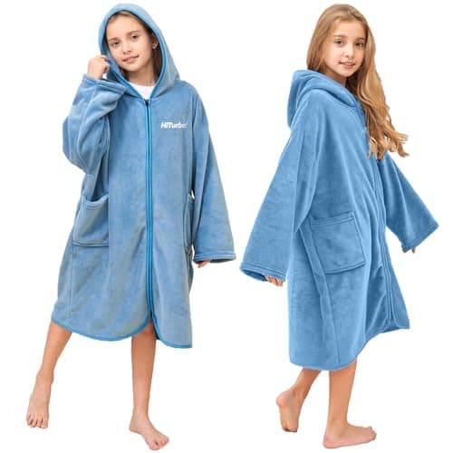Hiturbo Kids Bath Towel Hoodie: Soft Plush Zipper Surf Poncho - Warm Fleece Changing Towels Swimming Outerwear (Blue)