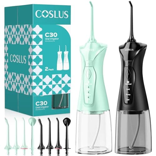 COSLUS 2-Pack Water Flosser for Teeth: Water Dental Pick Set with Refined Packaging for Couples Friends, 3 Modes & 8 DIY Levels for Sensitive Gums & Braces, Ideal for Family Sharing, Black & Green