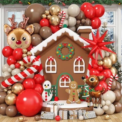 Froova Christmas Balloon Garland Arch Kit 128Pcs Reindeer Brown Red and Gold Balloon with Cane Star Foil Balloons for Christmas Winter Holiday Woodland Baby Shower Birthday Party Decorations