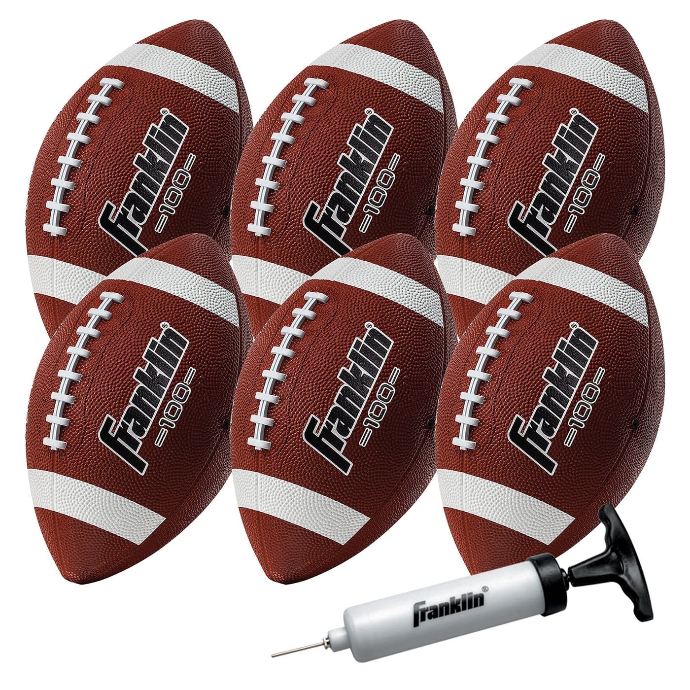 Franklin Sports Junior Footballs - Grip-Rite 100 - Kids Junior Size Rubber Footballs - Youth Footballs - 6 Pack of Footballs with Pump - Brown/White