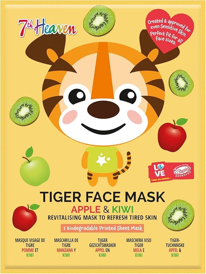 7th Heaven Tiger Sheet Face Mask Apple and Kiwi Revitalising Mask To Refresh Tired Skin