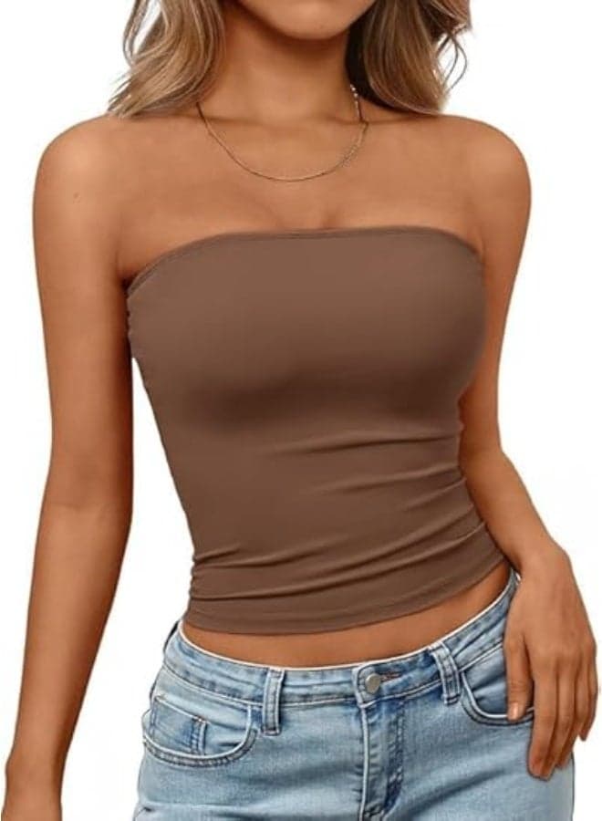 Womens Tube Tops Strapless Crop Tops Basic Backless Sleeveless Bandeau Going Out Cute Summer Outfits, Size M, Brown