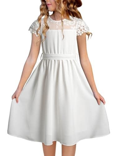 blibean Tween Girls Summer Dresses Kid Short Sleeve Lace Mesh Belted Flower Dress 2025 Party Semi Formal Elegant Fancy Wedding Gust Outfit Solid Casual Dressy Flare Clothes Size 6-7 Year White