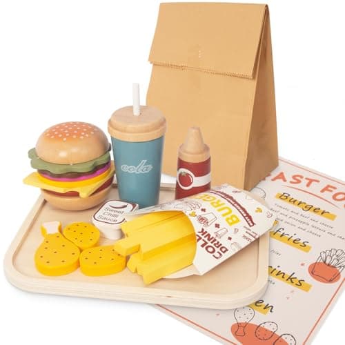 WOODENFUN Pretend Play Food Set for KidsWooden Fast Food Playset with Tray Hamburger Cola Fries ComboPlay Kitchen Accessories Role Play ToysChristmas Birthday Gift for Kids Boys Girls