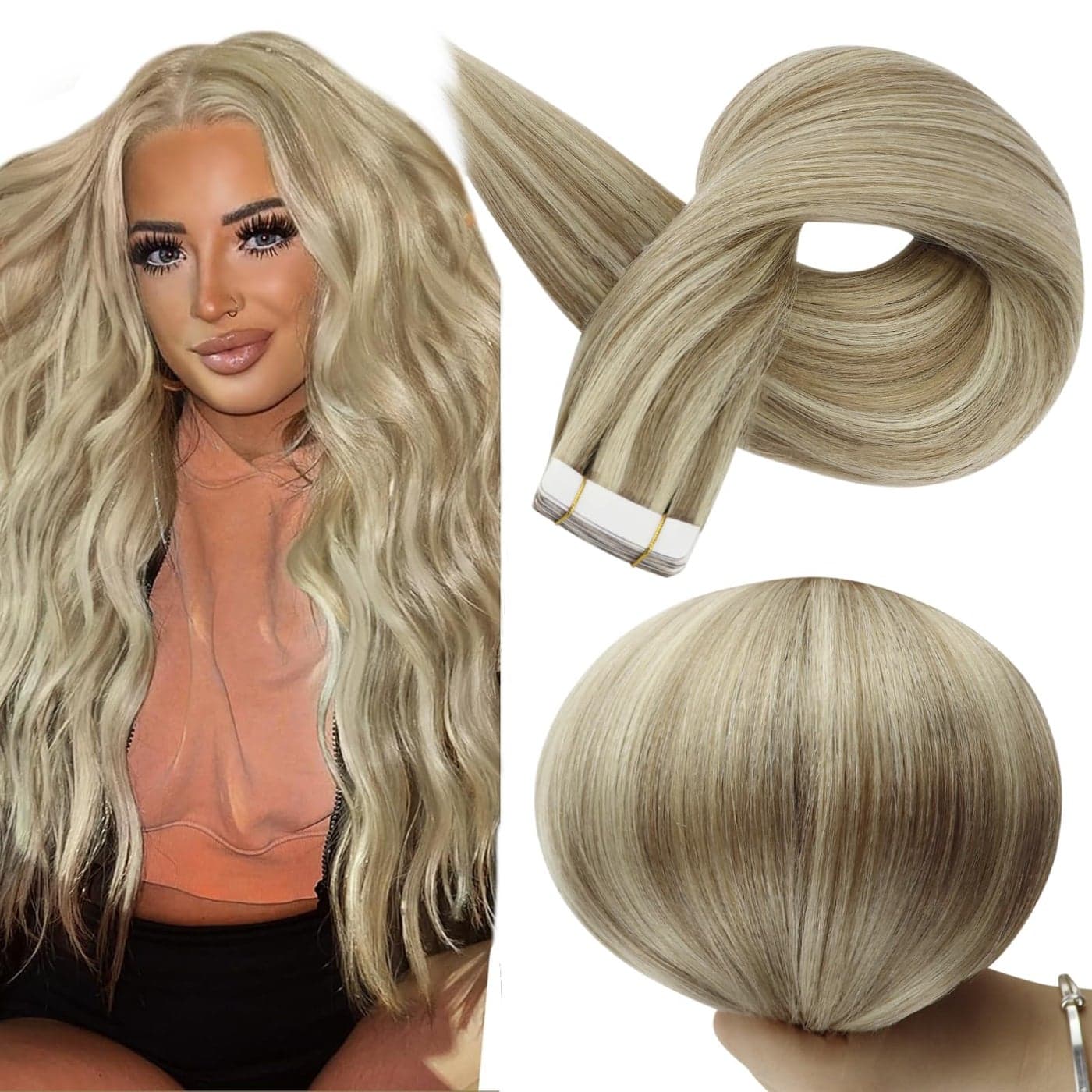 Full Shine Blonde Tape in Hair Extensions Human Hair 14 Inch Double Sided Tapes in Extensions Golden Blonde Highlighted Medium Blonde Tape in Human Hair Extensions for Women 50 Gram 20Pcs
