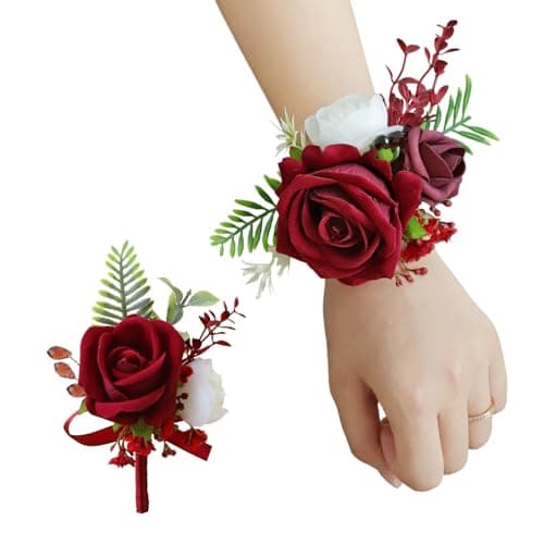 BECIEM Red Corsage and Boutonniere Set, Prom Wedding Homecoming Wrist Corsage Wristlet and Boutonniere Set for Grooms Groomsmen Guest Bridal Bridesmaid Artificial Flower Suit Decoration