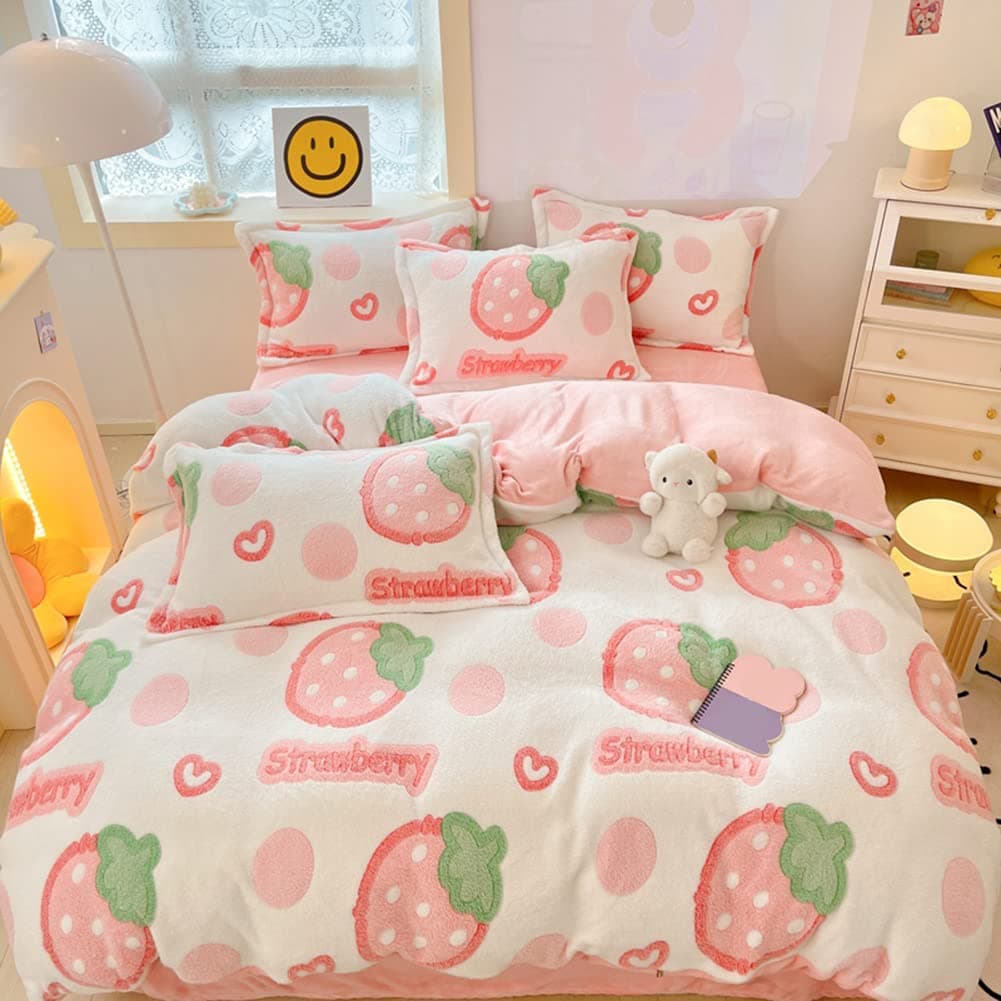 MorroMorn Pink Duvet Cover Queen Strawberry Bedding Sets Fluffy Comforter Covers Set Down Alternative Blanket Ultra Soft Kawaii Cute for Girls Kids Teen Women Full Double Size