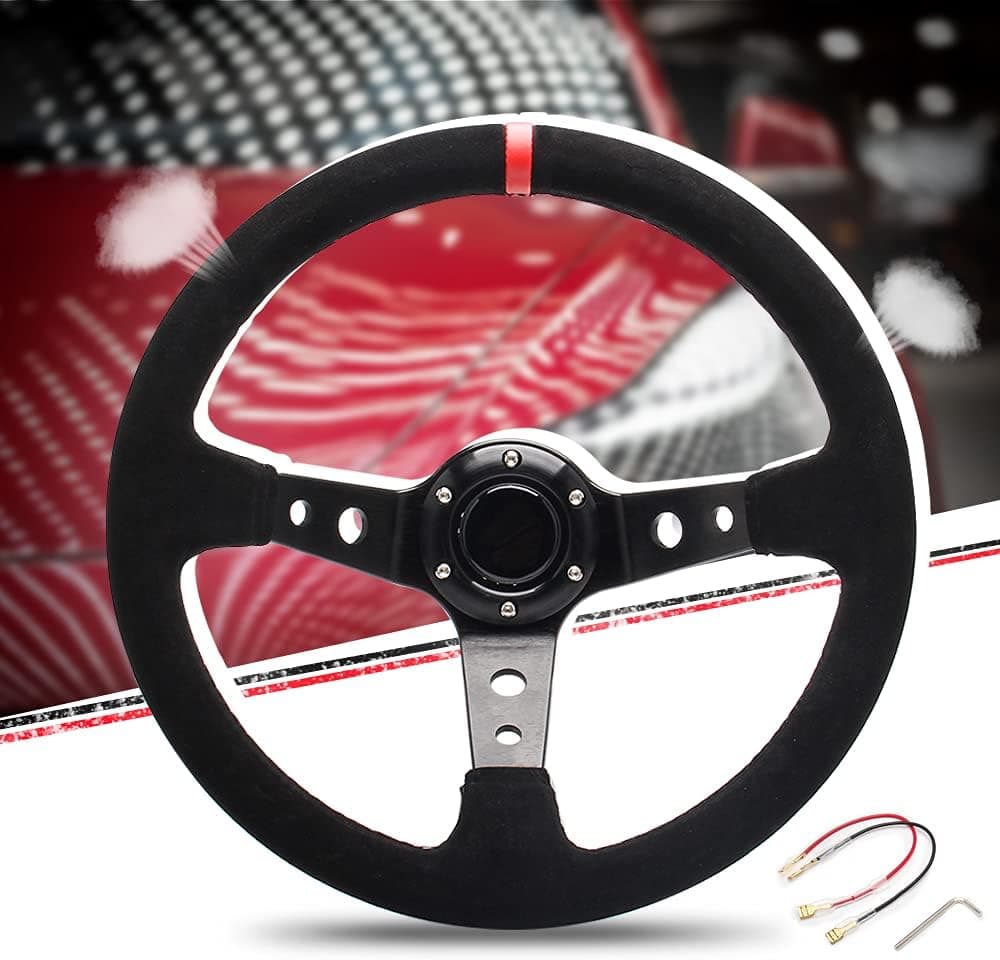 WENJTP 14" 350mm Deep Dish Steering Wheel for Sport Racing - Suede with Horn Button, Red