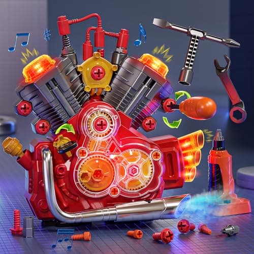 Jovow Engine Building Kit Kids Mechanic Toys for Motorcycle Engine Toy STEM Engine Model Kit Toy with Cool Light and Music Educational Science Building for Boys Age 3Year Old Mechanic Tools Red
