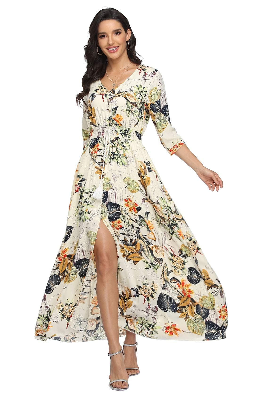 VintageClothing Womens Floral Maxi Dresses with Sleeves Flowy Boho Beach Party Dress Casual Summer Dress L