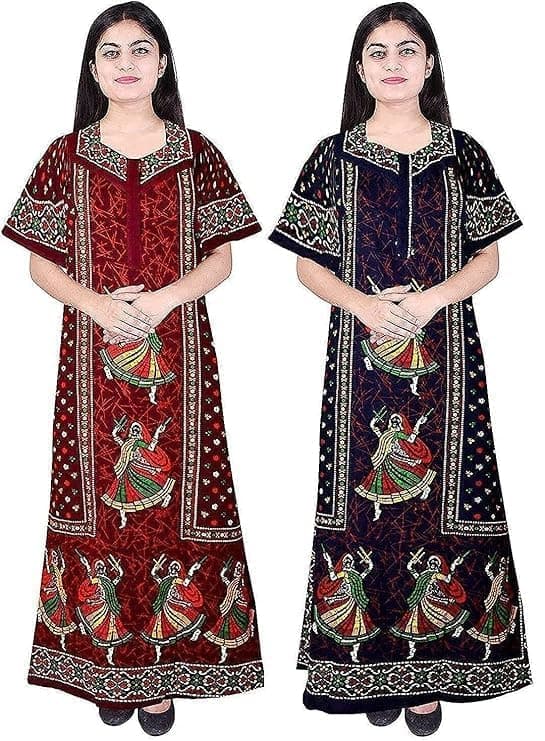 NILOUFO Women’s Cotton Printed Maxi Nighty – Pack of 2 Soft Ankle-Length Night Dresses | Free Size Sleepwear Gowns for Women (Maroon,Blue, Free Size)