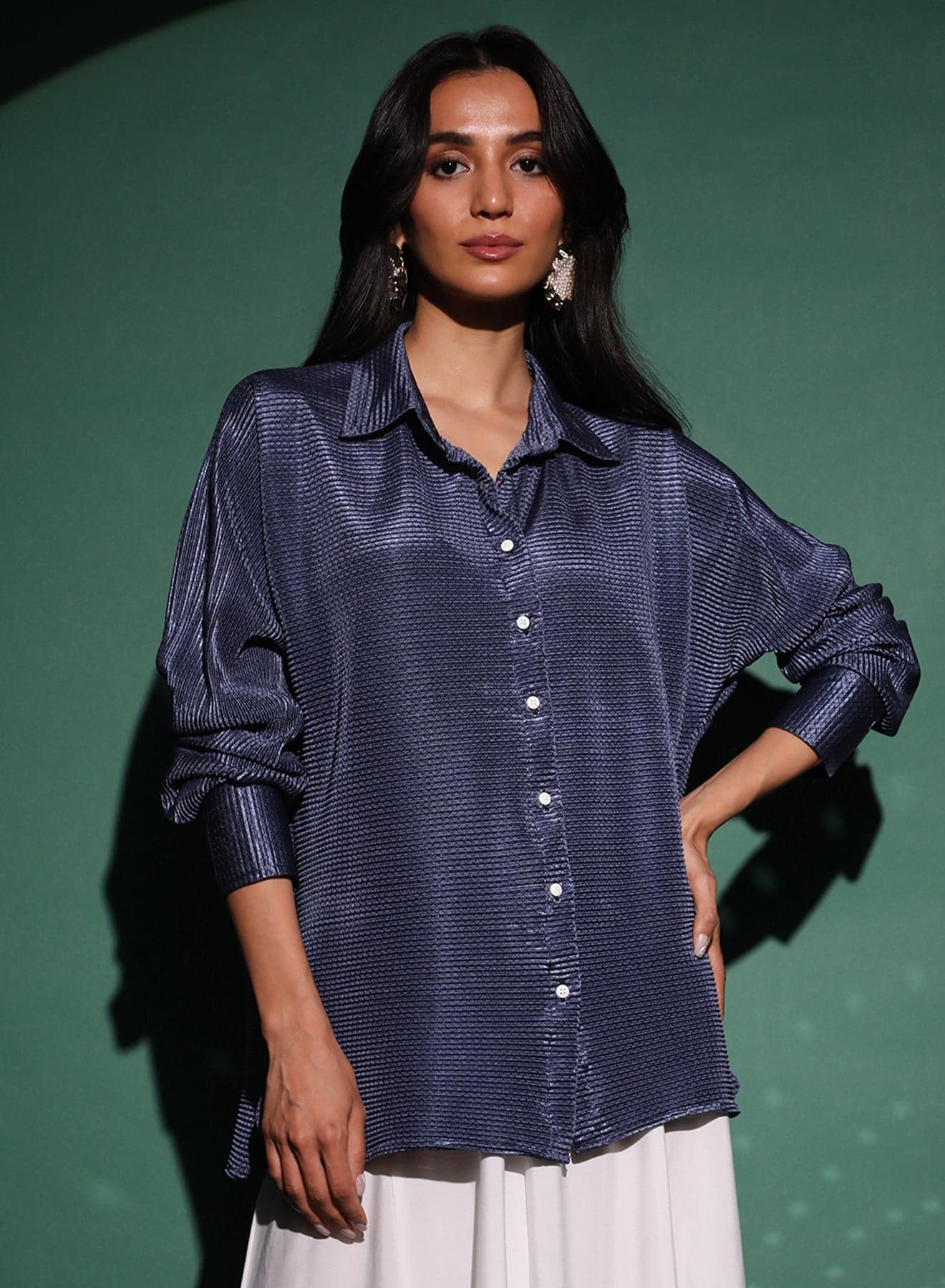 Women's Navy Blue Textured-Pleat Shirt For Casual Wear | Spread Collar | Long Sleeve | Button Closure | Shirt Designed With Comfortable Fit For Woman & Girls