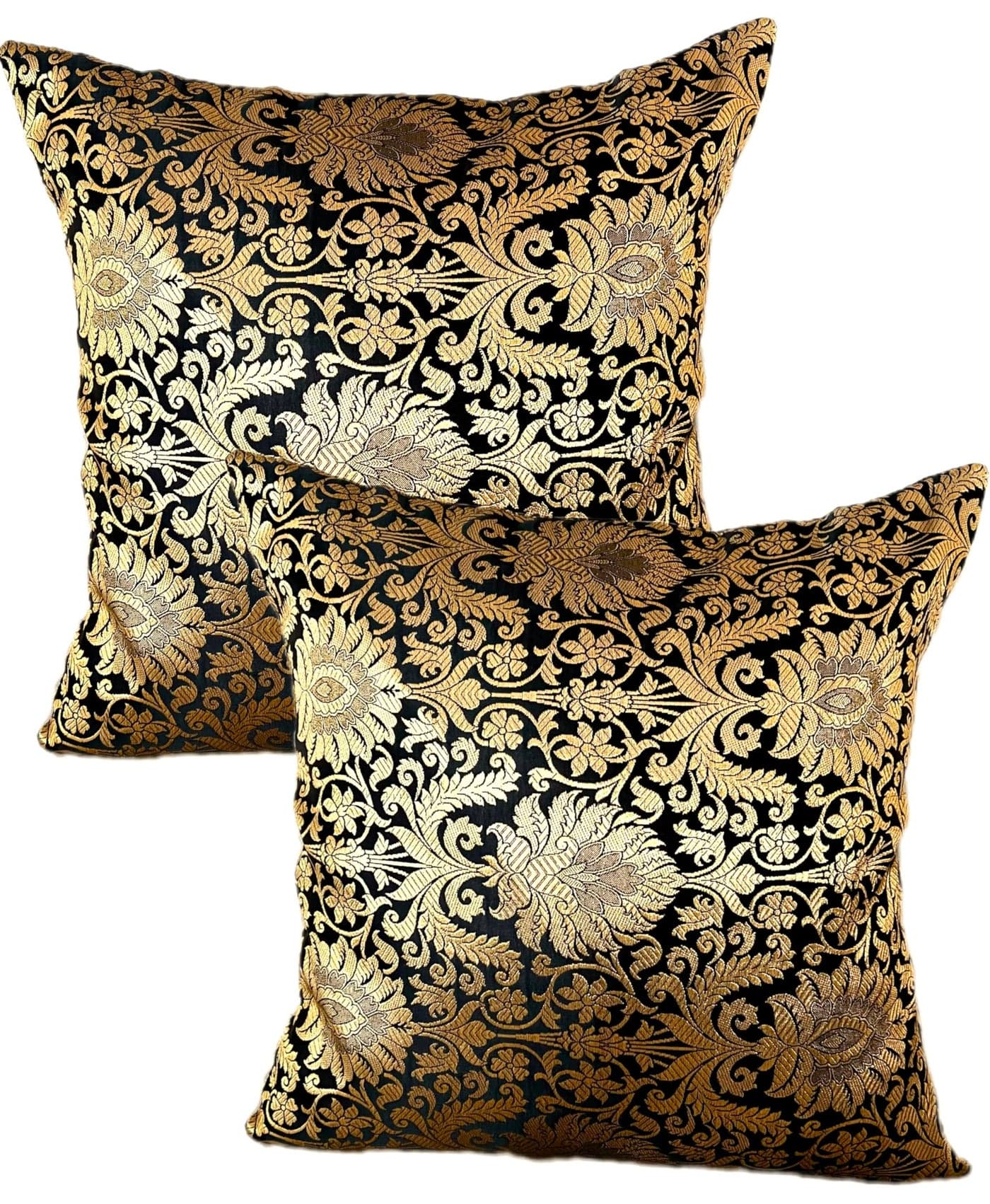 Pilovilo Brocade Set of 2 Black Gold Banarasi Silk Cushion Covers Festive Size 16"x16" with Silk Back (Black Banarasi, Set of 2, Regular Size)
